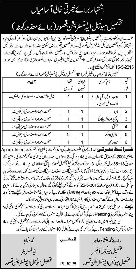 TMA Kasur Jobs 2015 April / May under Disabled Quota Sanitary Workers, Tube Well Operators & Others