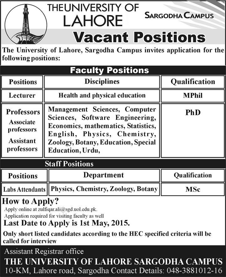 University of Lahore Sargodha Campus Jobs 2015 April / May Teaching Faculty & Lab Attendants