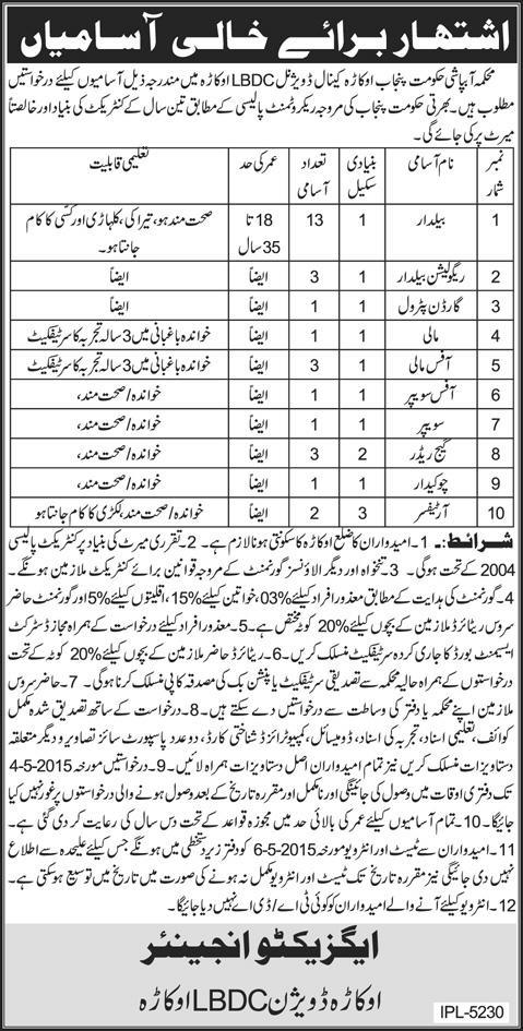 LBD Canal Division Okara Jobs 2015 April / May LBDC Baildar, Mali, Gauge Reader & Others