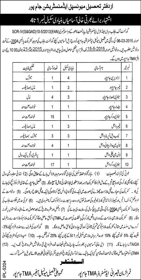 TMA Jampur Jobs 2015 April / May Sanitary Worker, Lineman, Tube Well Operator & Others