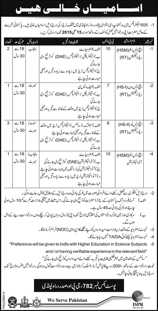 505 Electronics Base Workshop EME Rawalpindi Jobs 2015 May Radar Technicians & Auto Electrician