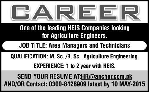Agriculture Engineering Jobs in Pakistan 2015 May as Area Managers & Technicians in HEIS Company