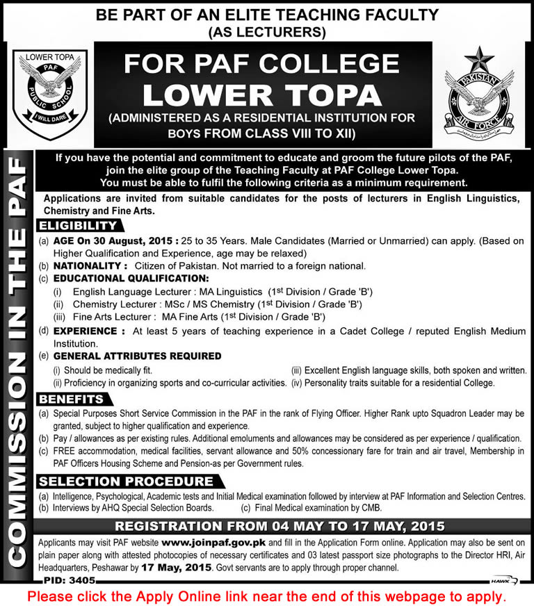 PAF College Lower Topa Murree Lecturer Jobs 2015 May Online Registration Latest