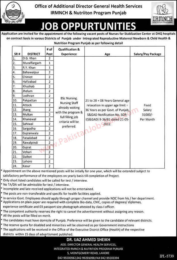 Nursing Jobs in IRMNCH Punjab 2015 May Nurses for DHQ Hospitals under Health Services