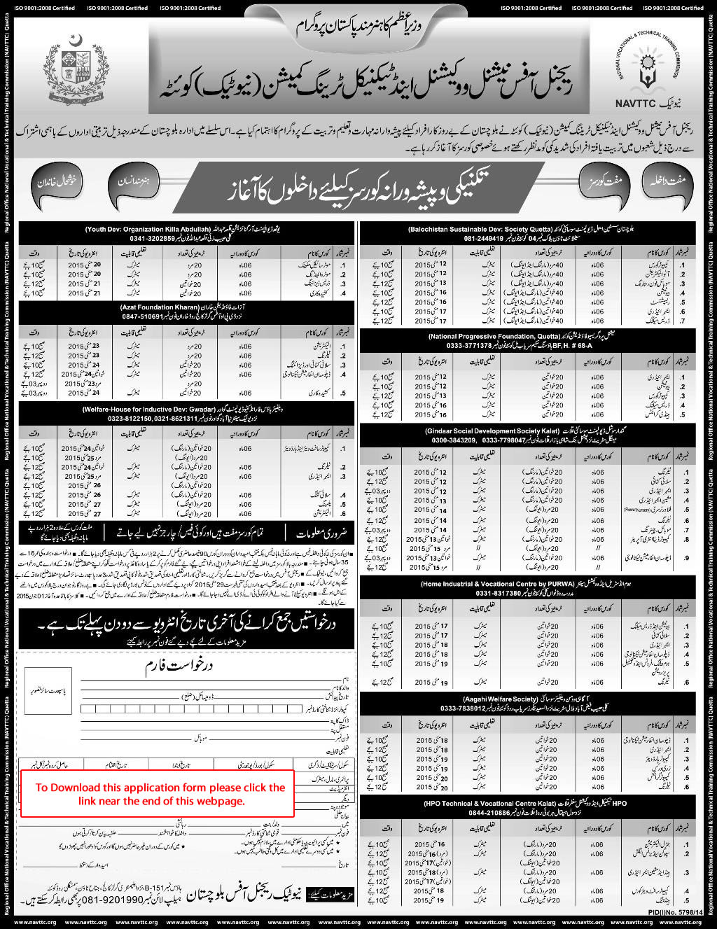 NAVTTC Free Courses in Balochistan 2015 May Application Form Download PM Youth Skills Development Program