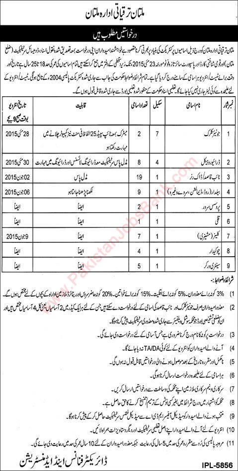 Multan Development Authority Jobs 2015 May Naib Qasid, Clerks, Baildar, Driver, Chowkidar & Others