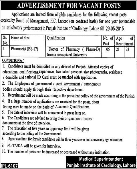 Pharmacist Jobs in Punjab Institute of Cardiology Lahore 2015 May Latest