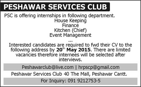 Peshawar Services Club Internships 2015 May Jobs in House Keeping, Finance, Kitchen & Event Management