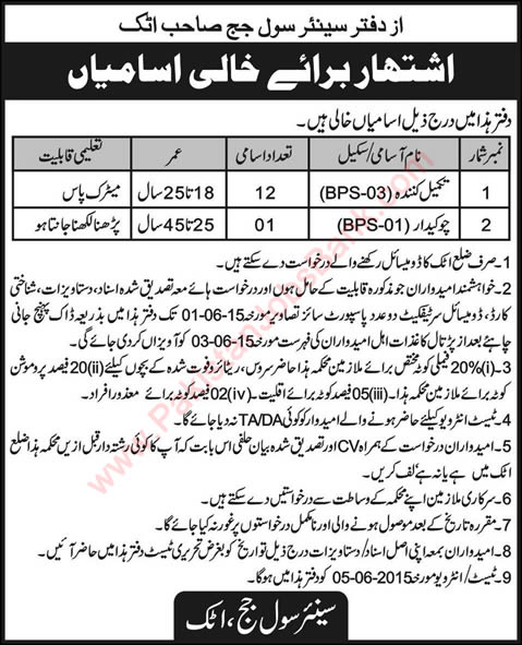 Tameel Kuninda & Chowkidar Jobs in Civil Court Attock 2015 May Latest