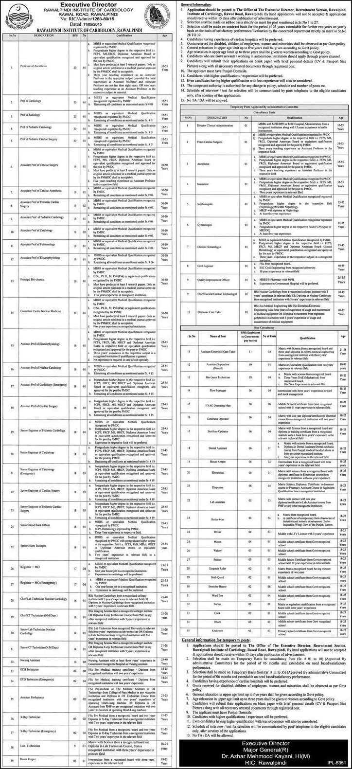 Rawalpindi Institute of Cardiology Jobs May 2015 Medical Faculty / Officers, Technicians & Support Staff