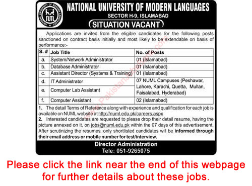 IT Jobs in NUML May 2015 National University of Modern Languages at Various Campuses Latest