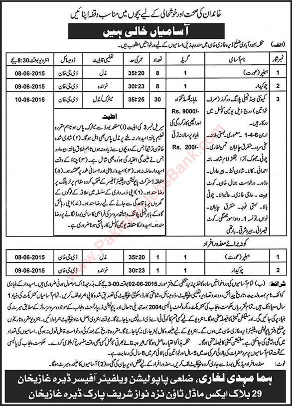 Population Welfare Department Dera Ghazi Khan Jobs 2015 May Family Planning Workers, Chowkidar & Helper