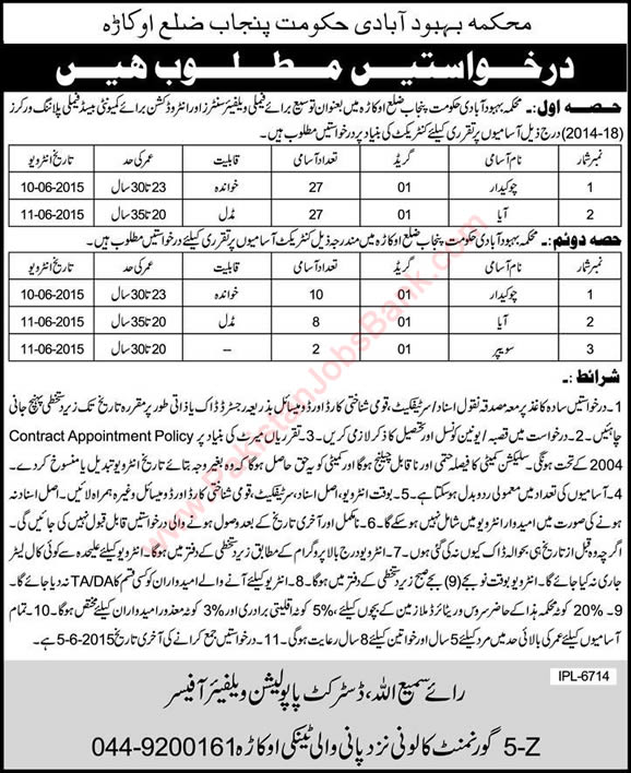 Chowkidar, Aya & Sweeper Jobs in Okara Jobs 2015 May Mehkma Behbood-e-Abadi