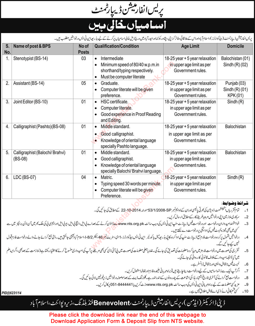 Jobs Vacant in Press Information Department Pakistan 2015 May NTS Application Form Download