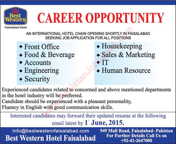 Latest Jobs in Best Western Hotel Faisalabad 2015 May Front Office, Accounts, IT, HR & Other Disciplines