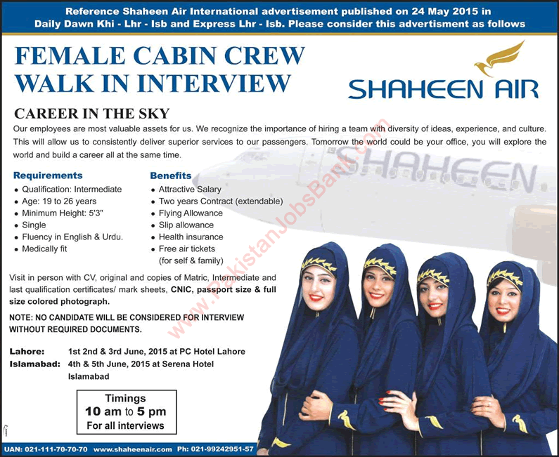 Shaheen Air Vacancies May 2015 for Female Cabin Crew / Air Hostess Walk in Interviews