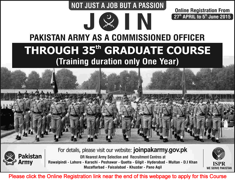 Join Pakistan Army June 2015 as Commissioned Officer Jobs in 35th Graduate Course