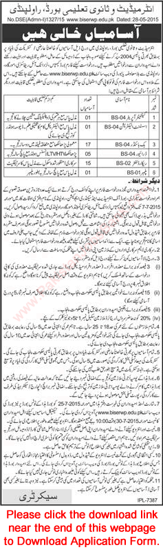 Board of Intermediate and Secondary Education Rawalpindi Vacancies 2015 May / June Application Form