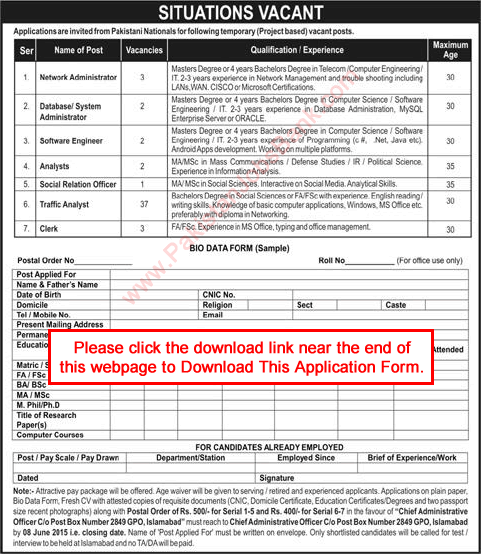PO Box 2849 GPO Islamabad Vacancies 2015 May / June Bio Data / Application Form Download Latest