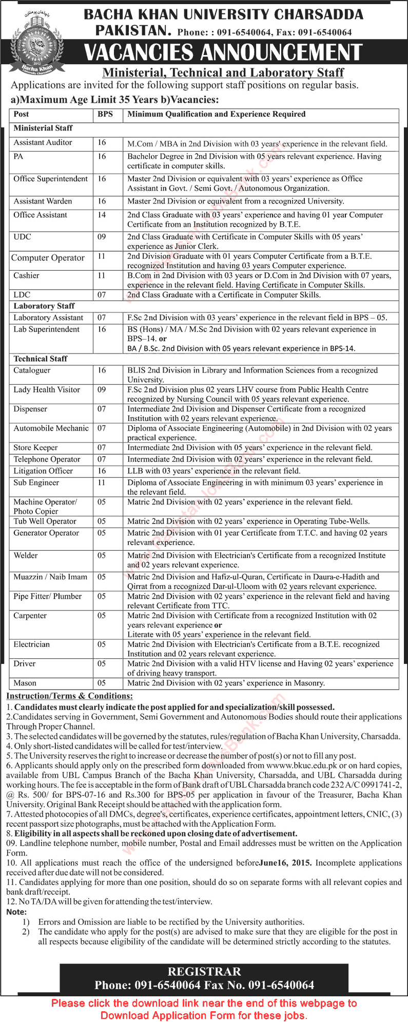 Bacha Khan University Charsadda Jobs 2015 June Application Form Ministerial, Technical & Laboratory Staff