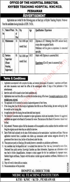 Phlebotomist & Sanitary Supervisor Jobs in Khyber Teaching Hospital Peshawar 2015 June Latest