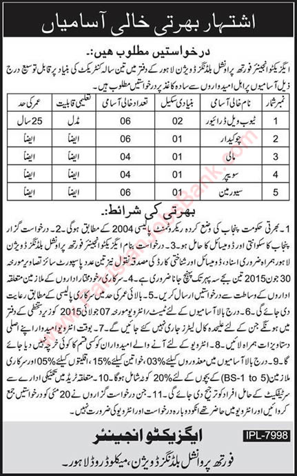 Fourth Provincial Building Division Lahore Jobs 2015 June Chowkidar, Sweepers, Tube Well Driver & Mali