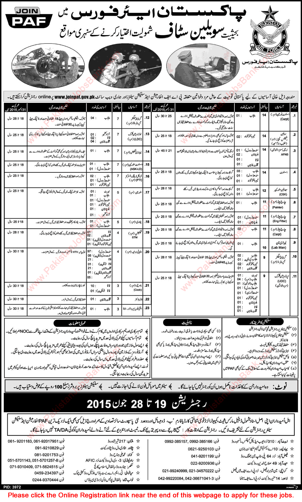 Pakistan Air Force Civilian Jobs 2015 June PAF Online Registration Latest Advertisement