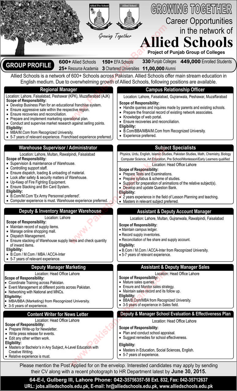 Allied Schools Jobs June 2015 Marketing / Warehouse Managers, Subject Specialists & Others
