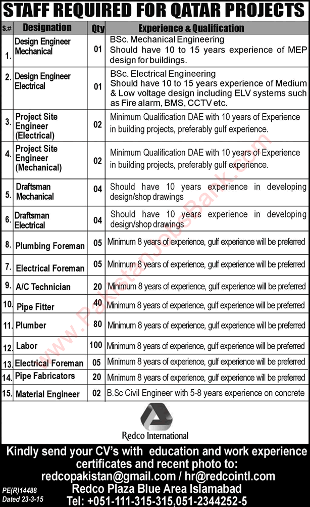 Redco International Qatar Jobs 2015 June Engineers & Technicians Latest