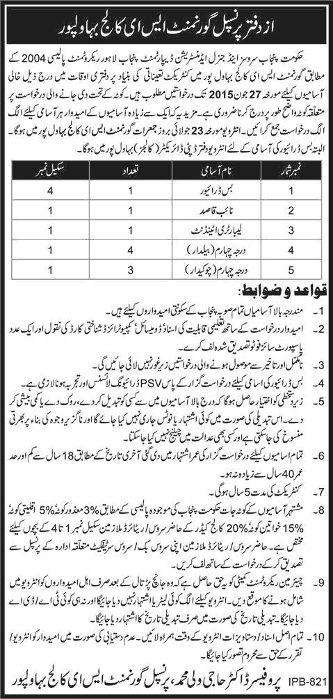 Government SE College Bahawalpur Jobs 2015 June Baildar, Chowkidar, Naib Qasid, Driver & Lab Attendant