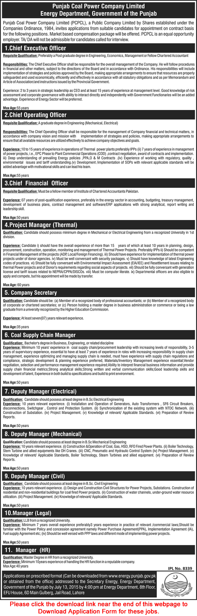 Punjab Coal Power Company Limited Jobs 2015 June Application Form Download Energy Department