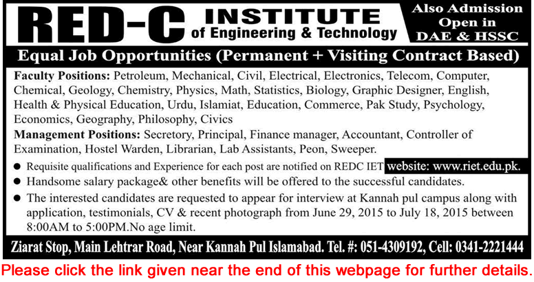 RED-C Institute of Engineering and Technology Islamabad Jobs 2015 June Teaching Faculty & Admin Staff