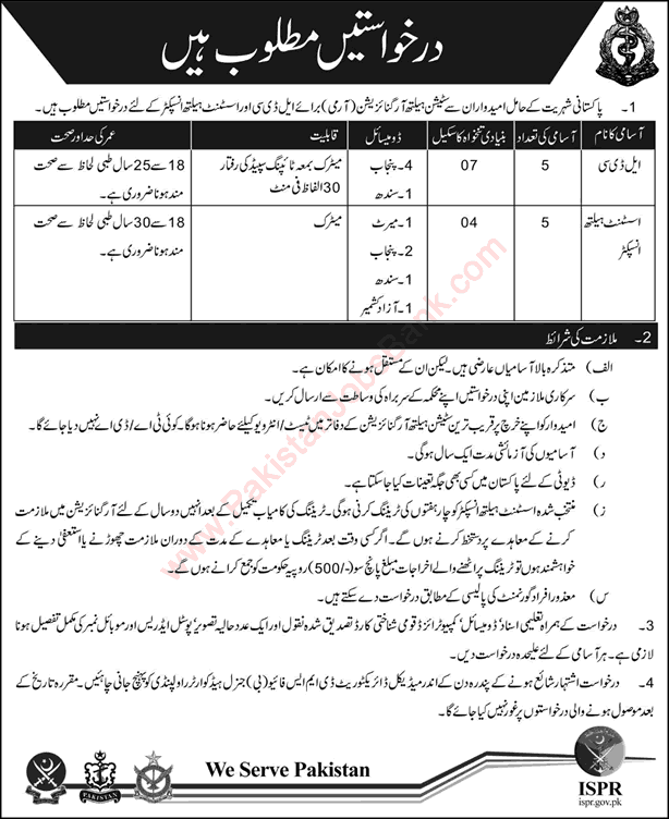 Station Health Organization Pakistan Army Jobs 2015 June / July LDC Clerks & Assistant Health Inspector