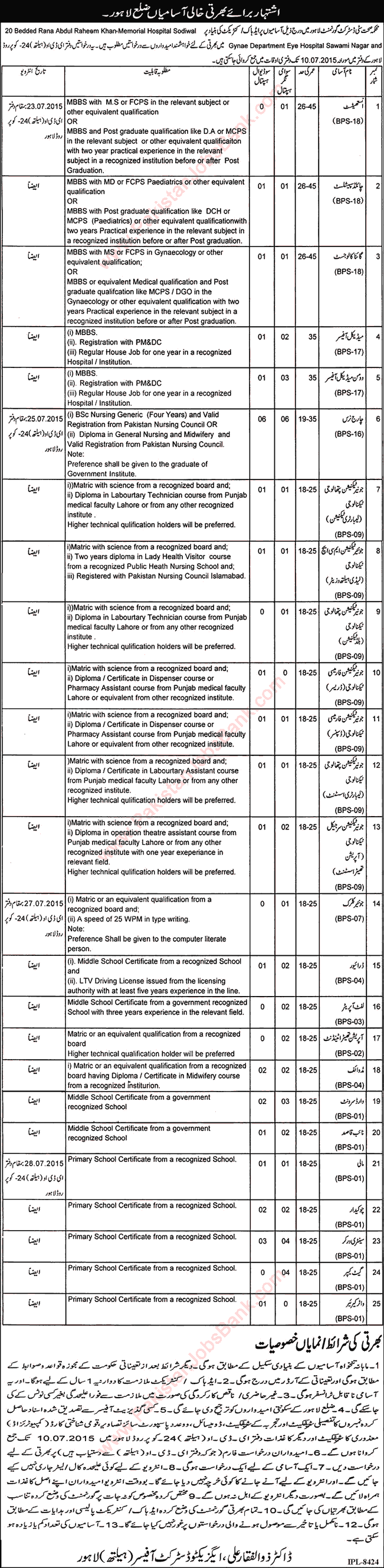 Health Department Lahore Jobs 2015 June / July Medical Officers, Nurses, Technicians & Support Staff