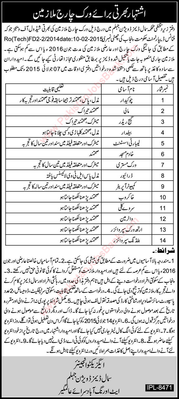 Small Dams Division Jhelum Jobs 2015 June / July Work Charge Staff Latest Advertisement