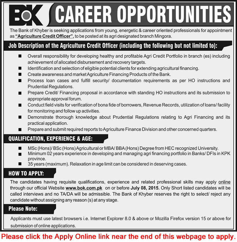 Agriculture Credit Officer Jobs in Bank of Khyber 2015 June / July Apply Online Latest