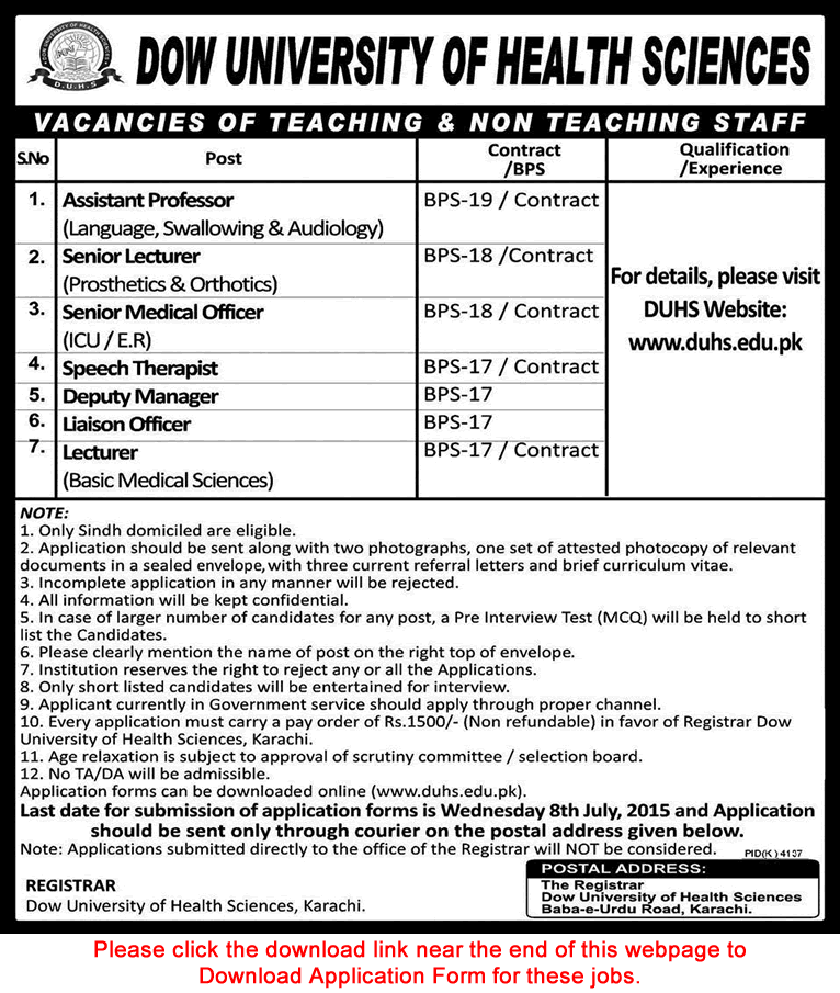 Dow University of Health Sciences Karachi Jobs 2015 June / July Application Form Download Latest