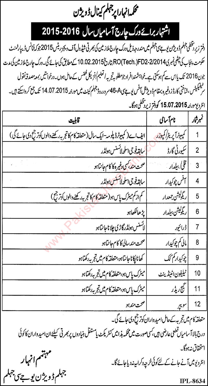 Irrigation Department UJC Jhelum Division Jobs 2015 July Work Charge Staff Latest