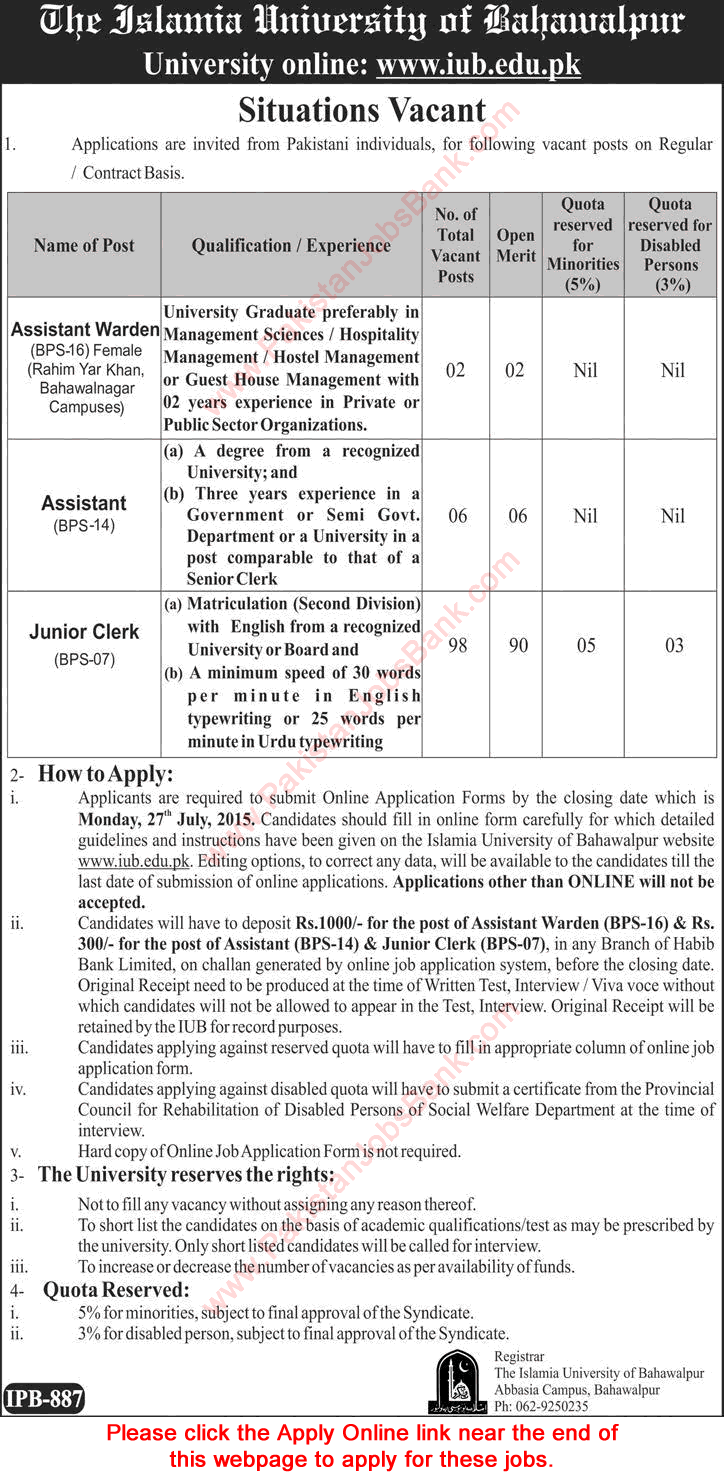 Islamia University Bahawalpur Jobs 2015 July Junior Clerks, Assistant & Warden Apply Online Latest