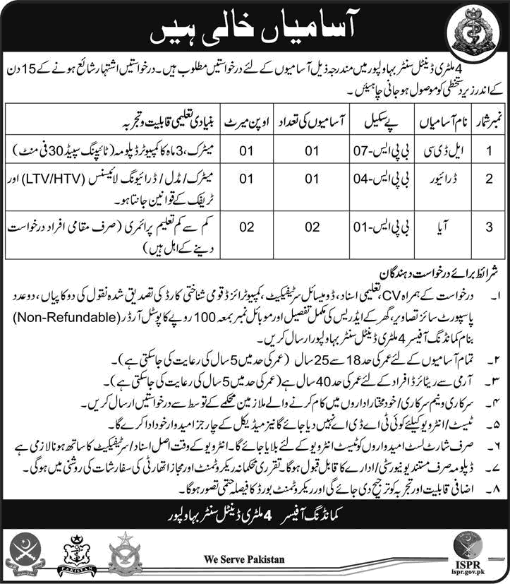 4 Military Dental Center Bahawalpur Jobs 2015 July Pakistan Army Clerk, Driver & Aya Latest