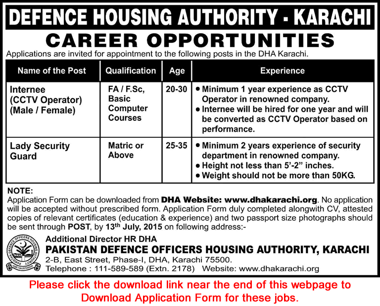 DHA Karachi Jobs 2015 July CCTV Operator Internee & Lady Security Guard Application Form Download