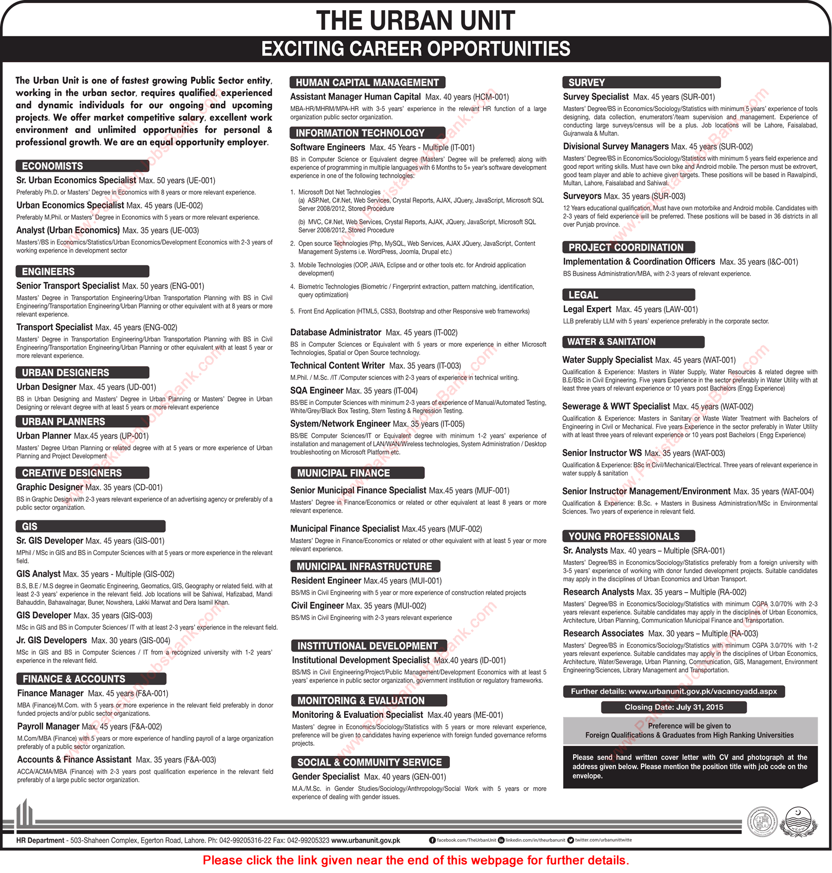 Urban Unit Jobs July 2015 Lahore Latest Advertisement Express