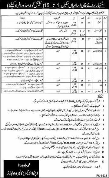 Education Department Rawalpindi Jobs 2015 July under Disabled Quota Clerks, Lab Attendant, Naib Qasid & Others