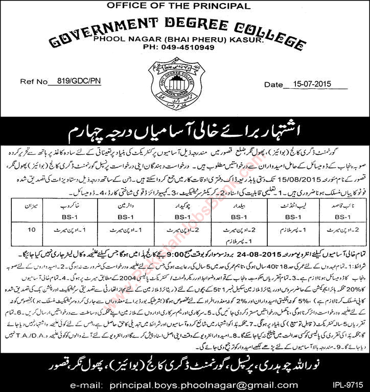 Government Degree College Phool Nagar Kasur Jobs 2015 July Naib Qasid, Lab Attendant & Others