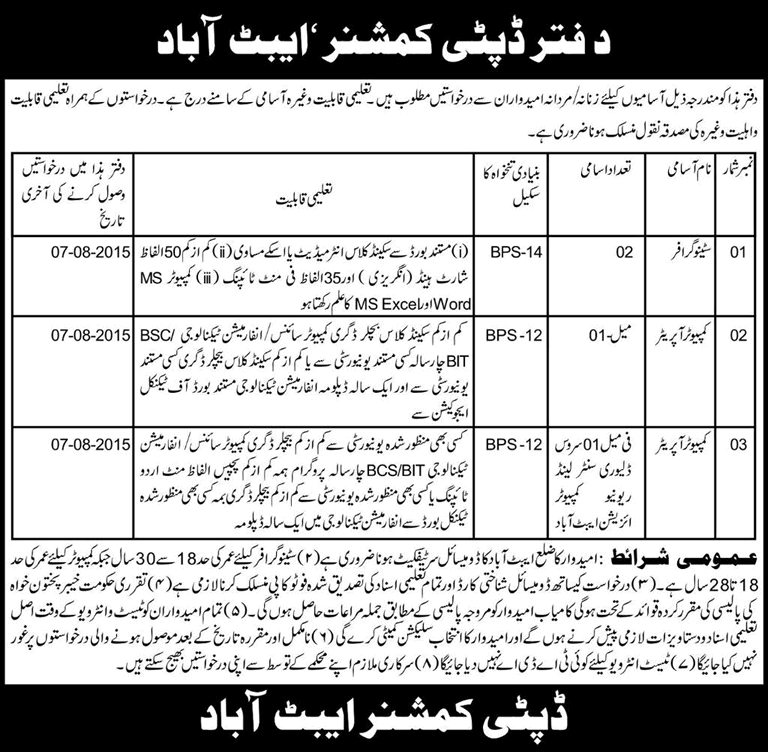 Deputy Commissioner Office Abbottabad KPK Jobs 2015 July Stenographer & Computer Operator Latest