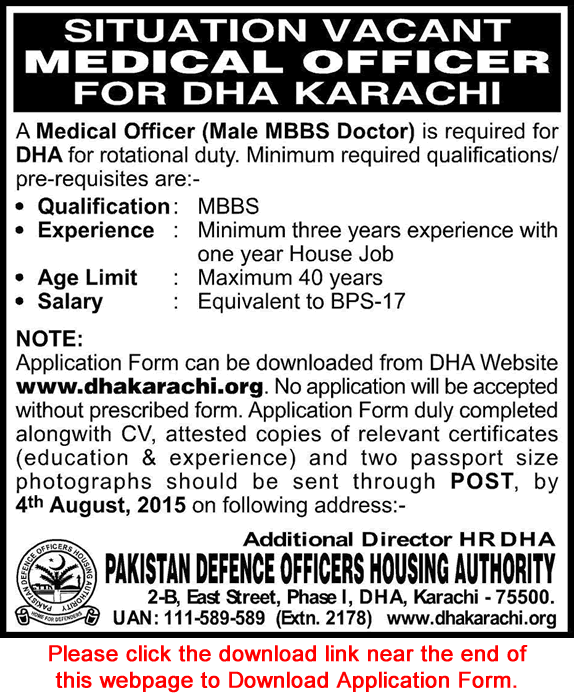 Medical Officer Jobs in DHA Karachi 2015 July / August Application Form Download Latest