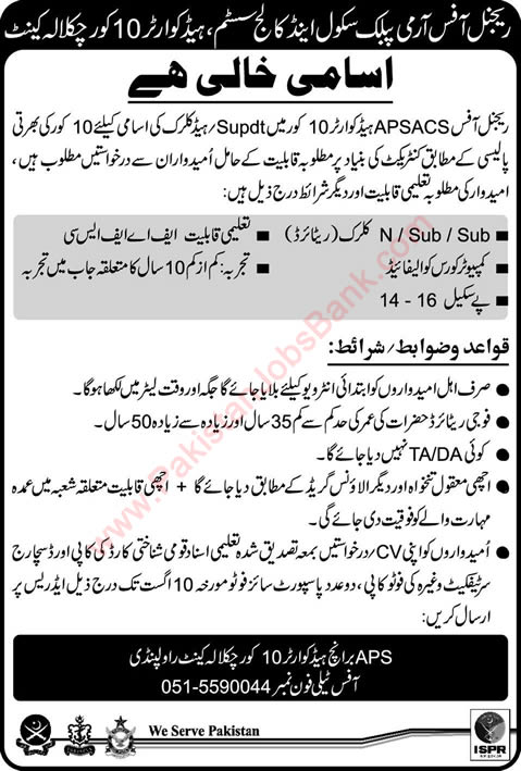 Head Clerk / Superintendent Jobs in APSACS Head Office Chaklala Rawalpindi 2015 July / August Latest