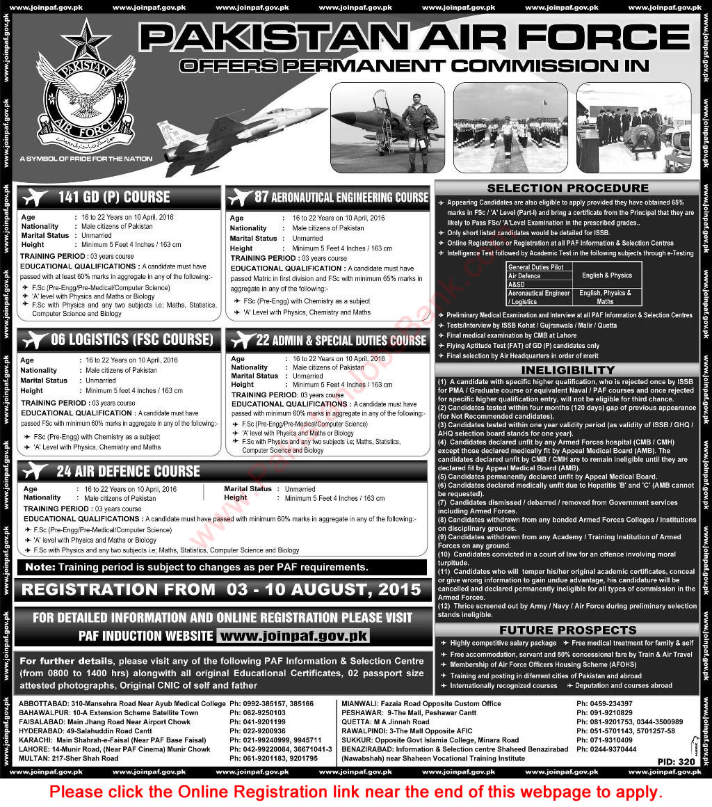 Join Pakistan Air Force August 2015 Permanent Commission in PAF Online Registration Latest