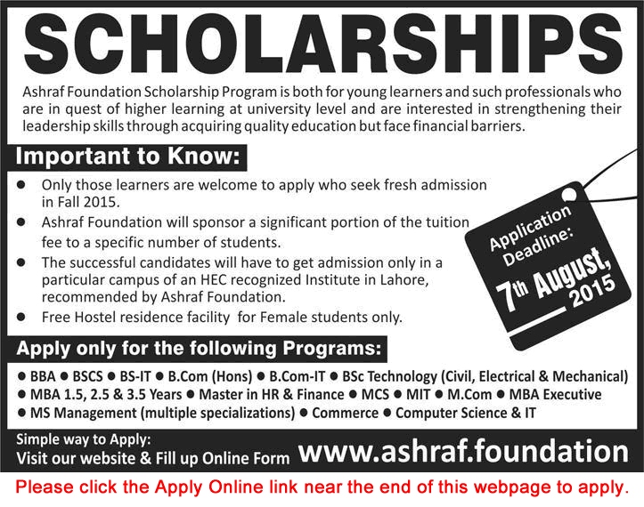 Ashraf Foundation Scholarship Program 2015 August Apply Online Application Form Latest