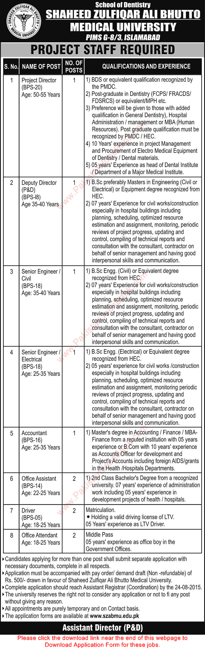 Shaheed Zulfiqar Ali Bhutto Medical University Islamabad Jobs 2015 August Application Form Project Staff PIMS